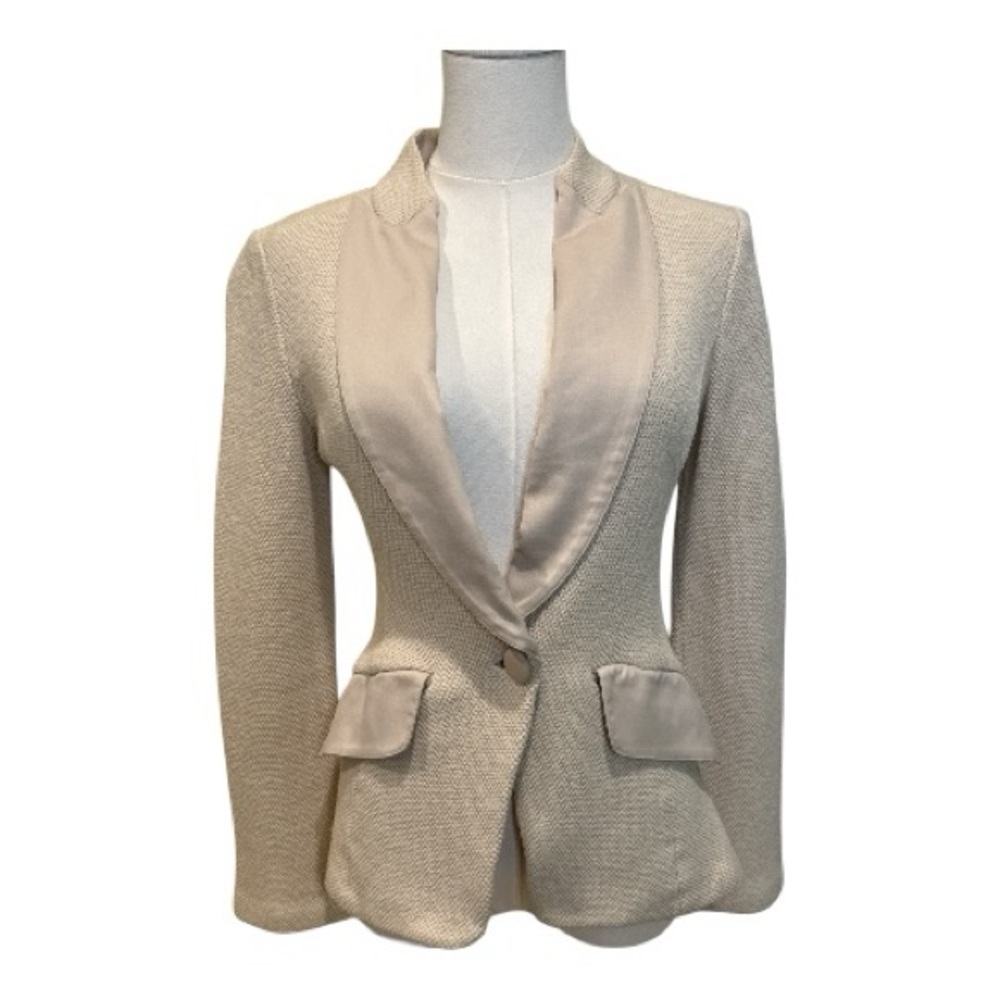 St. John Cream Knit Textured Blazer with Satin Lapel